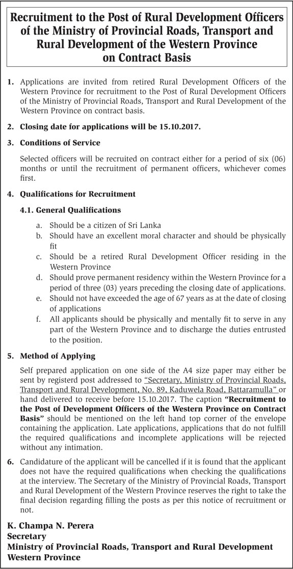 Rural Development Officer - Ministry of Provincial Roads, Transport & Rural Development of the Western Province